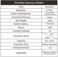 Cafetera Portátil de Aluminio Color Box 20, Cafetera Espresso con Batería, Cafetera Espresso Única para Viajes, OEM 90, 1 Juego