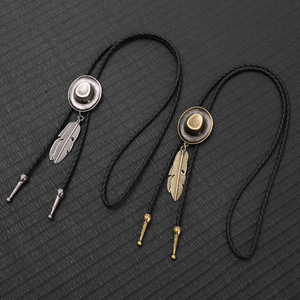 Corbata Bolo de Metal HLC de Mezclilla Lavada Estilo Vintage para Hombre, Accesorio de Atuendo Vaquero Occidental, Elegante Colgante de Pluma, Adorno para Camisa y Cuello - Product Image 6