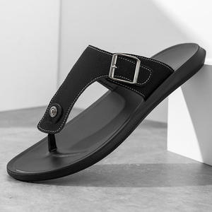 Sandalias de cuero para hombre, pantuflas de verano transpirables, chanclas para mujer, sandalias planas de diseñador a la moda, pantuflas de playa - Product Image 1