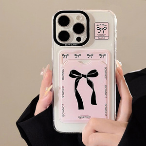 Nouvelle <span class=keywords><strong>coque</strong></span> de téléphone transparente avec support de carte intégré et nœud noir français élégant sur fond rose pour <span class=keywords><strong>iPhone</strong></span> 17 16 15 Pro Max - Product Image 5