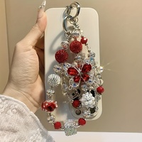 Chaîne de téléphone de luxe style industriel lourd, pavée de diamants, motif papillon rouge, avec perles en strass, lanière, breloque de sac, bijou, cadeau pour elle