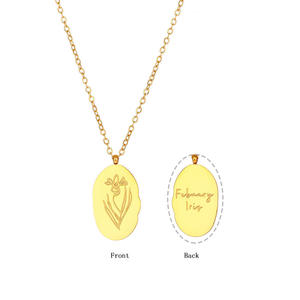 Oval Coin Pendant 12 Month Birth Flower <b>Disc</b> 14K <b>Gold</b> Plated Dainty Personalized Stainless Necklace Gift for Women - Product Image 1
