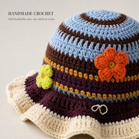 Chapeau Bob en Crochet Fait Main Style Bohème avec Bord Volanté et Fleur, Chapeau de Soleil d'Été en Crochet pour Femme