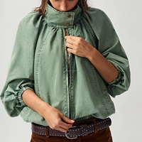 Blouson Bomber en Jean Surdimensionné pour Femme, Col Montant, Zippé, Style Décontracté, Effet Délavé, Veste Utilitaire