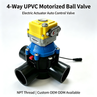 Vanne à boisseau sphérique motorisée 4 voies en UPVC avec actionneur électrique fileté NPT pour le contrôle des fluides, taille de port 1 1/2 pouce, 200 psi, vente en gros OEM