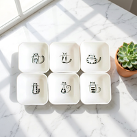 Lot de petits plats carrés en céramique blanche style japonais, motif chat mignon, pour sauce soja, vinaigre et assaisonnements de cuisine