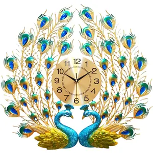 Oversized 3D Resin High Quality Home Decor Peacock Luxury Clock Decor Big 3D Antique Style Peacock Fancy Gold Wall Clocks