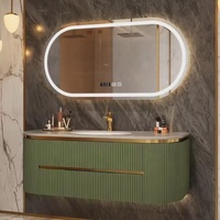 Vente en gros de meuble-lavabo flottant gris foncé à rainures profondes et coins arrondis avec miroir LED ovale et finition dorée pour la maison et l'hôtel