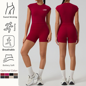 Ensemble 2 pièces de yoga et fitness pour femmes, séchage rapide, polyester/nylon, col rond, taille élastique, haut à manches courtes, short, dos ouvert, OEM ODM - Product Image 1