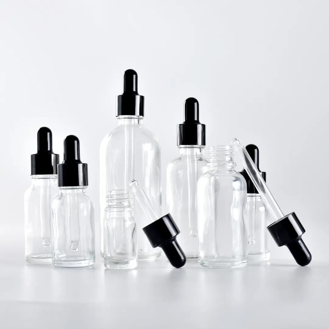 5ml 10ml 15ml 20ml 30ml 50ml 100ml空の透明エッセンシャルオイルガラスボトルドロッパーボトル、ファイントップガラスセラムコンテナ付き