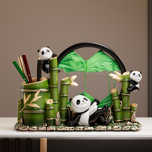 Lindo Portalápices de Panda, Organizador de Escritorio de Bambú con Pintura de Arena, Decoración de Oficina de Estilo Chino, Regalo - Product Image 1