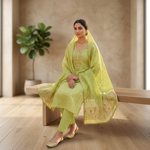 Prayosha Enterprise <b>Women</b> Lime Green Embroidered Salwar Suit Set With Matching Dupatta Straight <b>Kurta</b> Pants Traditional Indian E - Product Image 4