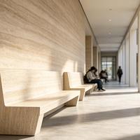 Grande dalle de marbre beige poli à grain de bois délicat, idéale pour les chambres résidentielles modernes et paisibles.