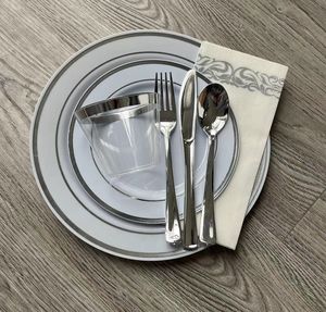 จานแฟนซีแบบใช้แล้วทิ้งพร้อมช้อนส้อมแผ่นพลาสติกสีเงินชิ้น175และชุดช้อนส้อมพลาสติกเงินสำหรับงานแต่งงาน25แขก - Product Image 3