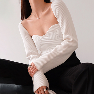 Maglione di lana lavorato a <span class=keywords><strong>maglia</strong></span> a coste bianche di lusso personalizzato maglione Sexy a maniche lunghe con colletto quadrato lavorato a <span class=keywords><strong>maglia</strong></span> maglione <span class=keywords><strong>elegante</strong></span> - Product Image 4