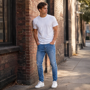 Pantalones Vaqueros Ajustados Elásticos de Estilo Americano para <span class=keywords><strong>Hombre</strong></span>, Cintura Media, Corte Lápiz, Casuales - Venta al por Mayor Directa de Fábrica, Servicio Personalizado OEM/ODM - Product Image 2
