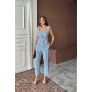 Conjunto de Blusa con Tirantes y Pantalones de Lino Shantuk Azul para Mujer, Talla S - Product Image 3