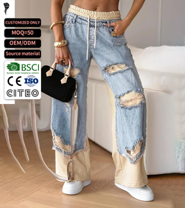 Jeans OEM de Pierna Ancha con Lavado Claro y Rasgaduras, Pantalones Rectos de Mezclilla Bicolor para Mujer, Estilo Y2K Streetwear - Product Image 1