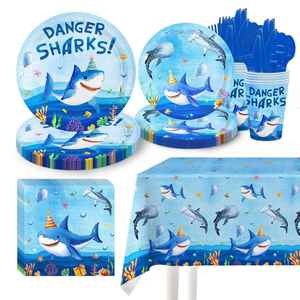 Artículos para Fiestas y Festivales con Temática de Tiburón Peligroso para Niños, Juego Desechable Azul Océano, Vajilla de Papel para Picnic al Aire Libre - Product Image 1
