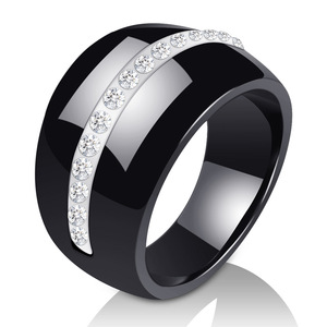 Ceramic <b>Couple</b> <b>Rings</b> 14MM Black White Single Row Diamond Encrusted Wedding Jewelry Unisex - Product Image 2