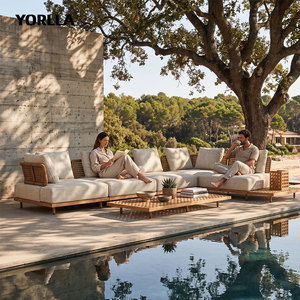 Canapé de jardin minimaliste en bois OEM, dossier tressé ouvert, assise profonde, sectionnel, robuste, fabricant - Product Image 1