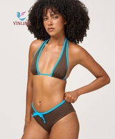 Ensemble de bikini dos nu bicolore personnalisé OEM ODM avec bordure contrastante, bas taille mi-haute à nouer devant, maillot de bain deux pièces pour femme, vente en gros