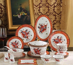 Wholesale 58 Pcs European Luxury Red Horses Dining Room Home Decors Porcelain <b>Dinnerware</b> Sets - Product Image 1