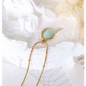 Kalung baja tahan karat Oval biru langit Cymophane Opal 316L kalung lapis emas 18K batu bening perhiasan antik Perancis wanita - Product Image 6
