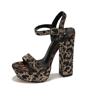 Sandales à bout carré pour femmes, ornées de strass, talons épais, plateforme large, imprimé léopard, chaussures de soirée - Product Image 6