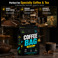 Sachet de café imprimé sur mesure, pochette verticale avec valve de dégazage unidirectionnelle, fermeture éclair, emballage noir mat, languette de tirage