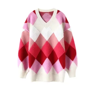 Suéter de manga larga con cuello en V para mujer, Jersey de punto, suelto, con estampado geométrico multicolor