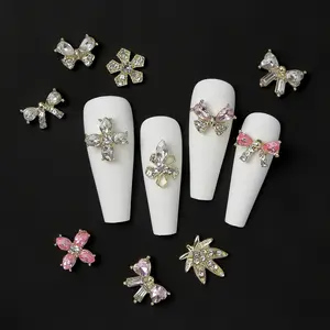 3D Gold Silver Shiny Diamond Nail Crystal Manicure Accessory Alloy Maple leaves/crosses/bows Nail Art Rhinestone