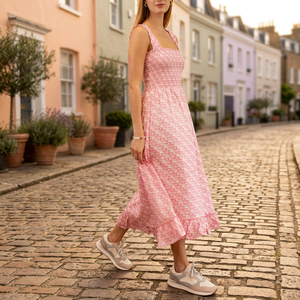 Robe midi à col carré smocké à imprimé floral rose pour femmes |   Robe d'été décontractée sans manches pour les vacances - Product Image 3