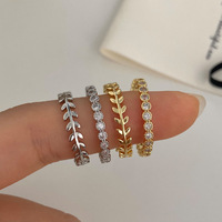 Gelang Tipis Daun Zirkon Desain Sederhana Set 2 Buah Cincin Jari Telunjuk Elegan Modis Wanita Berlapis Tembaga dengan Emas Asli
