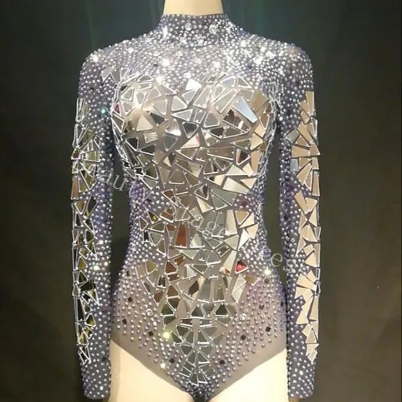 Sexy Transparent Net Costume Stage Dance Wear Mirrors Stones Mesh Bodysuit Leotard Dance Performance Costume