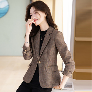 Women's <b>Wool</b> Blazer <b>Brown</b> Solid Color Anti-Wrinkle Autumn Winter 2025 Petite Style Coat - Product Image 3