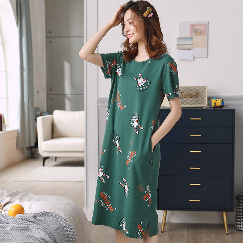 Summer Casual Pyjama Cartoon Milk Silk Nightgowns Pajama One Piece Sleepwear Short Sleeve Women's Nightdress