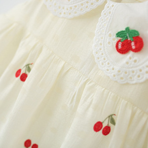 Robe d'été 2026 pour bébé fille en coton respirant et lavable, style A-line, avec col en dentelle cerise et <span class=keywords><strong>chapeau</strong></span> de <span class=keywords><strong>paille</strong></span> - Product Image 3