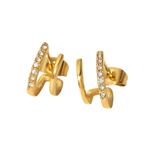 ต่างหูแบบติดหูทรงครึ่งวงกลมสองชั้น ดีไซน์ทันสมัยสำหรับผู้หญิง กันน้ำ ชุบทอง ทำจากสแตนเลสประดับเพชรซิร์คอน ของขวัญแฟชั่นสุดเพอร์เฟกต์ - Product Image 4