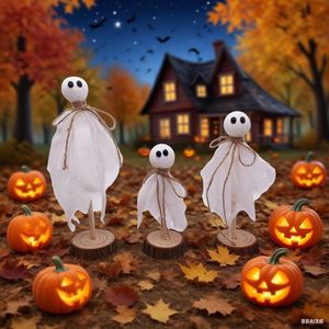 Nuevo Adorno de Fantasma de Halloween, Juego de 3 Piezas de Madera, Base de Madera, Decoración para el Día de Halloween, Accesorios para Fiestas - Product Image 4
