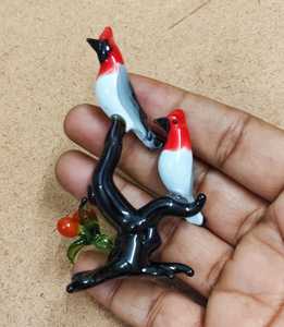 Handmade Glass Bird Figurine Set Red White Birds Black Branch Christmas Decor Animal Theme Lampworking Craft Rajasthan Glass - Product Image 1