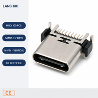 Connecteur vertical femelle USB Type-C 16 broches en laiton avec colonne pour carte PCB 3A 12V H=9.3mm