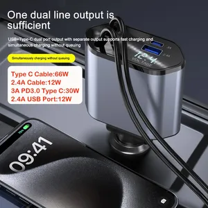 ที่ชาร์จโทรศัพท์ในรถยนต์ 4 in 1 120W Type C 66W+2.4A สายชาร์จแบบยืดหดได้ พร้อมหน้าจอแสดงแรงดันไฟฟ้า สำหรับ iPhone Huawei Samsung - Product Image 2