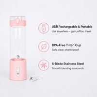 Mixeur de voyage 500 ml rechargeable par USB, tasse mélangeuse portable rose pour la salle de sport, le bureau et les smoothies quotidiens