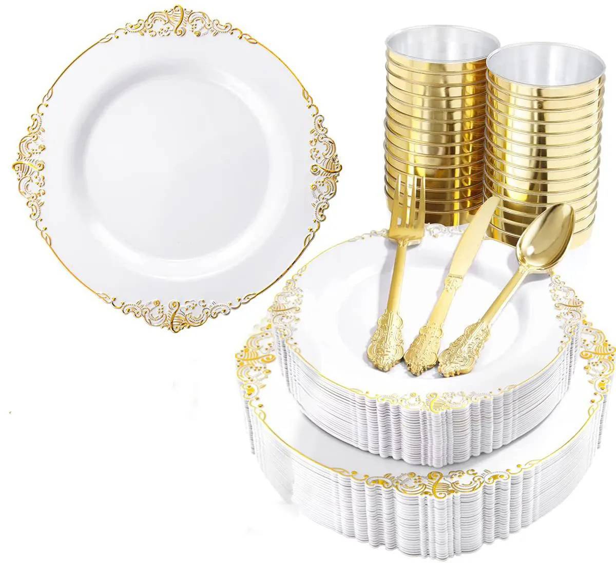 Best Selling175 Pieces Wedding Set Silver Gold Dinnerware Set For 25 People Disposable Plates Dishes for Wedding Party