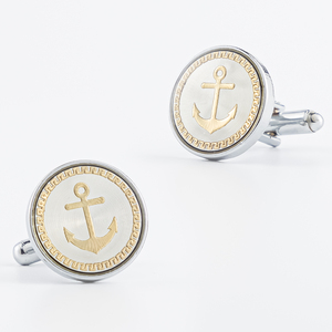 Gemelli da Uomo con Ancora Nautica, Motivo <span class=keywords><strong>Meander</strong></span>, Placcati Oro, Rotondi, Regalo per Testimoni di Nozze - Vendita all'Ingrosso - Product Image 5