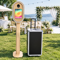 Support iPad élégant en imitation bois pour photomaton, idéal pour mariages, événements d'entreprise et divertissements.