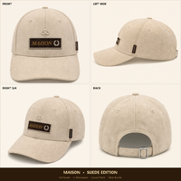 Casquette de baseball en daim beige avec logo personnalisé, patch en cuir, monogramme doré, boucle argentée, qualité supérieure, unisexe, vente en gros