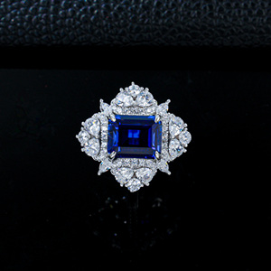 925 Sterling Silver Lab Created Sapphire Emerald Cut Halo <b>Statement</b> <b>Ring</b> - Product Image 1