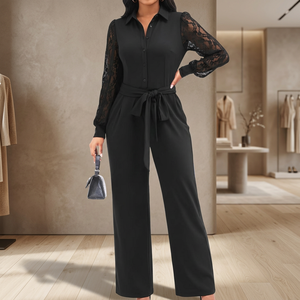 Combinaison pour femme à taille haute, coupe ample, avec ceinture, manches longues, couleur unie, élégante, pour le bureau, longueur intégrale, noire - Product Image 3